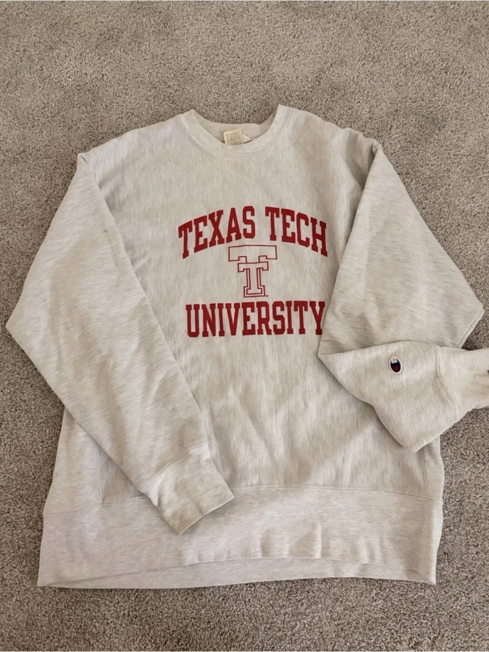 Champion Light Gray Crewneck Sweatshirt with Red Texas Tech University Logo